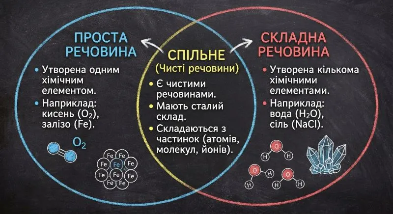 Проста речовина vs Складна речовина. Діаграма Венна