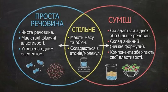 Проста речовина vs Суміш речовин. Діаграма Венна
