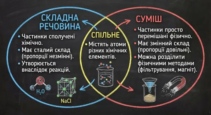 Складна речовина vs Суміш речовин. Діаграма Венна
