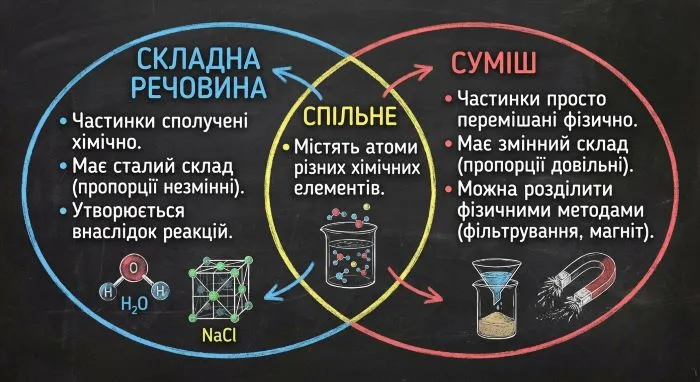Складна речовина vs Суміш речовин. Діаграма Венна
