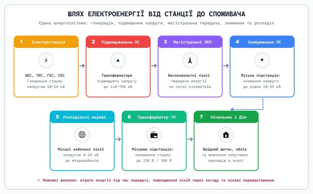 Схема передачі електроенергії від електростанції до кінцевого споживача