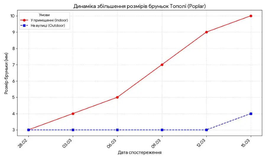 графіки збільшення розмірів бруньок та листя