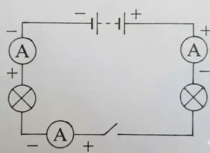 Покажіть на схемі, де можна приєднати амперметр, щоб виміряти силу струму в лампах