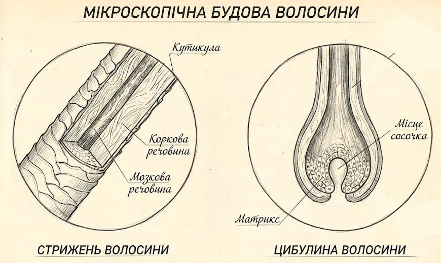Розгляньте стрижень та цибулину волосини під мікроскопом. Замалюйте і підпишіть