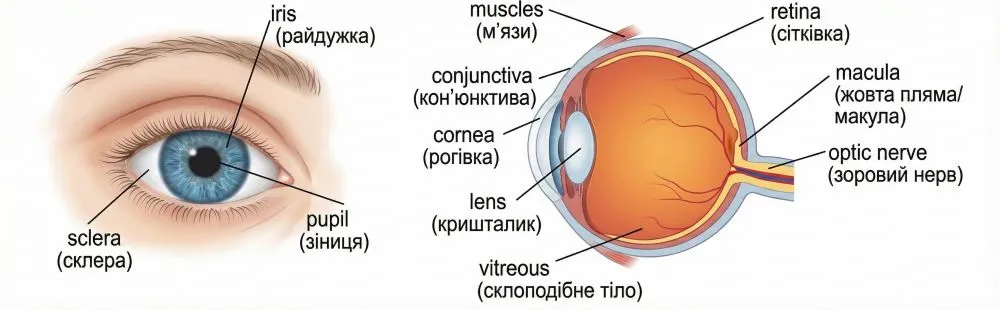 Підписи до малюнка «Будова ока» українською мовою