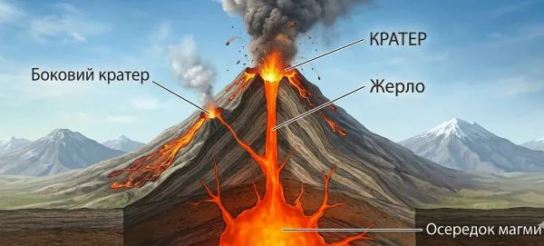 Підпиши назви складових частин вулкана