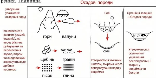 Доповни кожен вид осадових гірських порід у таблиці схемою їх утворення. Підпиши