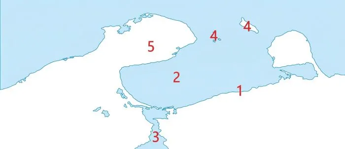 1 - берегову лінію; 2 - затоки; 3 протоки; 4 - острови; 5 - півострови.