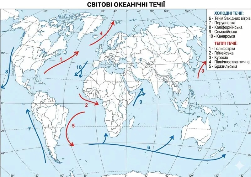 Користуючись картою океанів, підпиши на малюнку назви п’яти теплих (червоним олівцем) і п’яти холодних (синім олівцем) течій