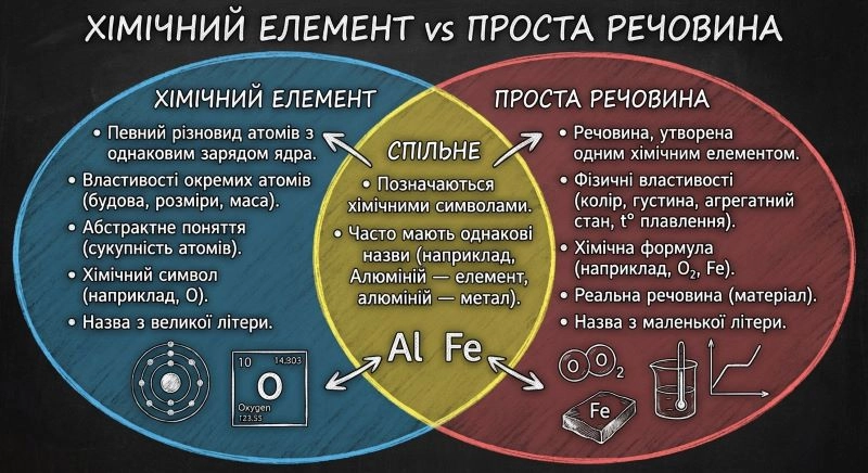 Діаграма Венна: Хімічний елемент — Проста речовина