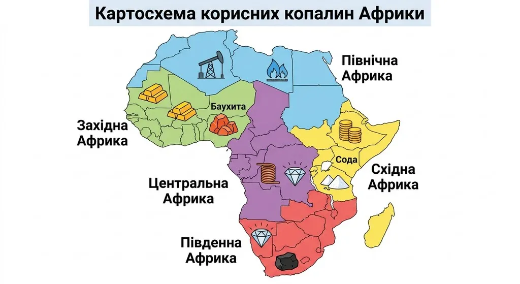 Картосхема Африки, розділена на п&#x27;ять регіонів із позначенням основних корисних копалин: нафта і газ на півночі, золото і боксити на заході, мідь і алмази в центрі, золото і сода на сході, алмази та вугілля на півдні. Усі підписи виконано українською мовою.