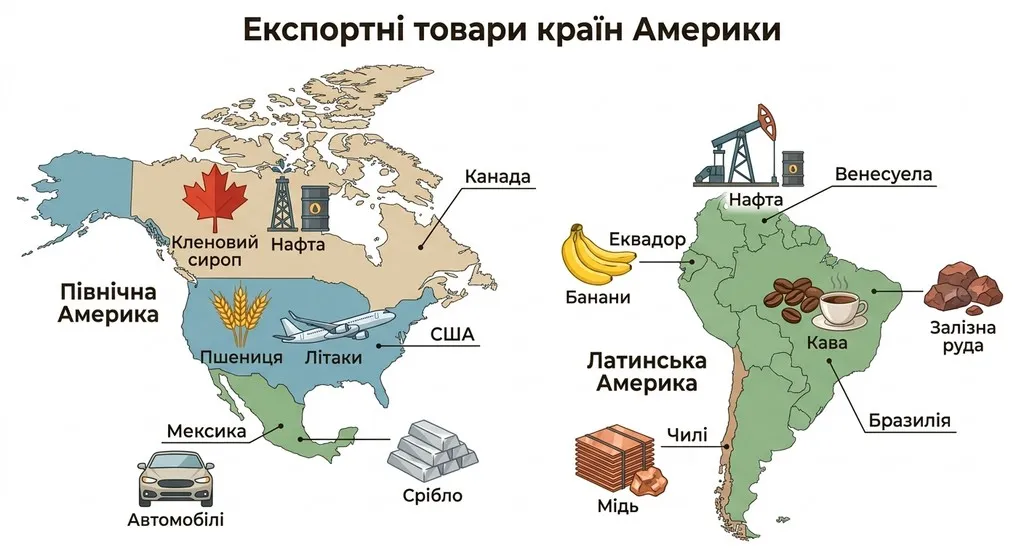 Детальна інфографічна карта Північної та Латинської Америки, що показує основні експортні товари країн за допомогою іконок (пшениця, нафта, кава, автомобілі тощо) з підписами українською мовою.