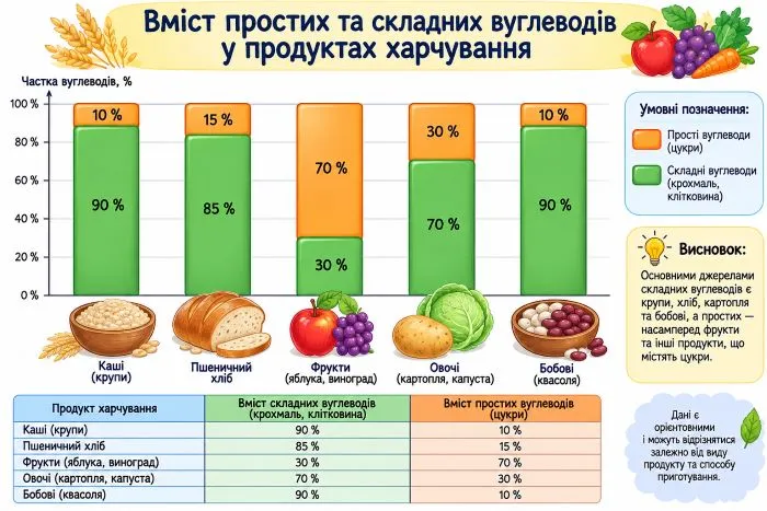 діаграма вмісту простих та складних вуглеводів у продуктах харчування