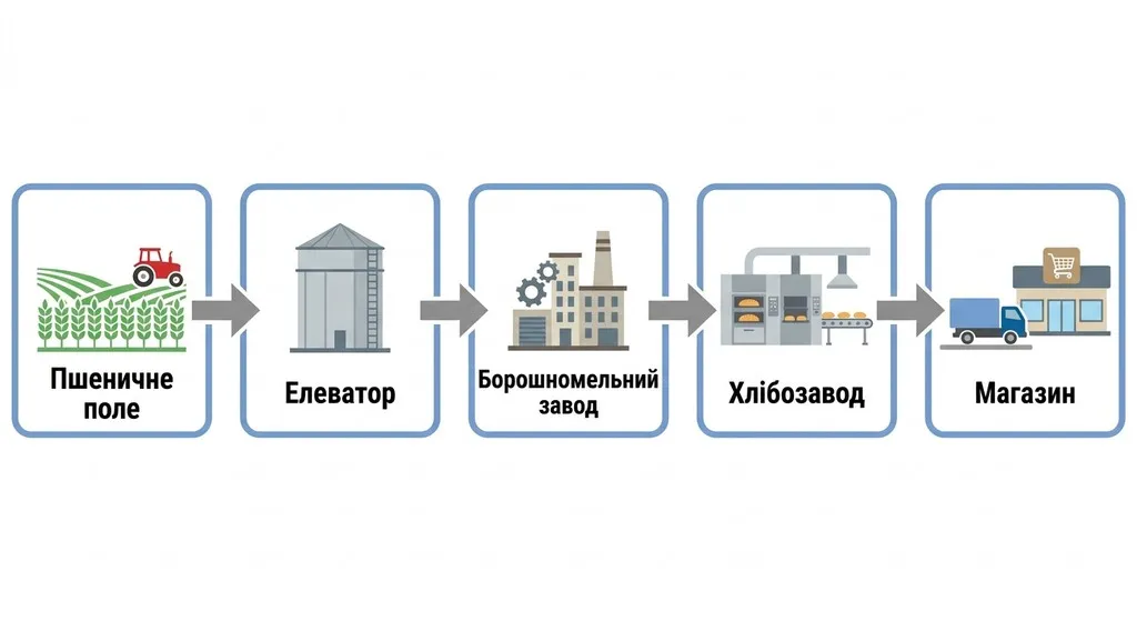 Схематична інфографіка етапів виробництва хліба у мінімалістичному векторному стилі: від пшеничного поля та елеватора до борошномельного заводу, хлібозаводу та магазину.