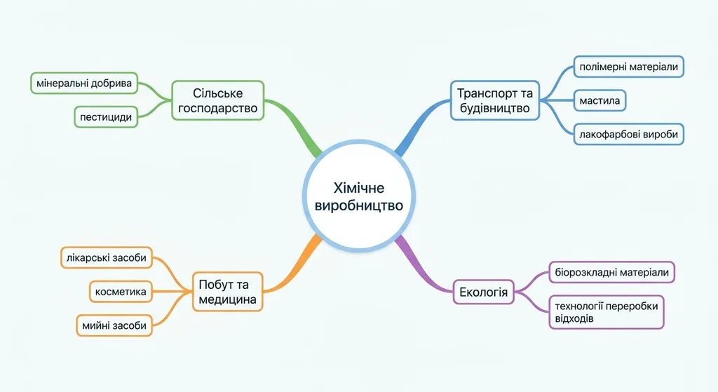 Професійна ментальна карта «Хімічне виробництво» з чотирма кольоровими гілками: сільське господарство, транспорт та будівництво, побут та медицина, екологія, та їхніми основними продуктами.