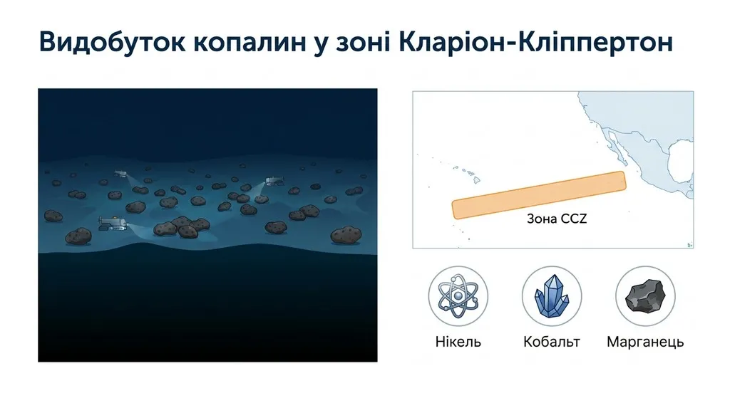Освітній слайд про видобуток копалин у зоні Кларіон-Кліппертон із зображенням морського дна, поліметалевих вузликів, карти Тихого океану та іконок нікелю, кобальту й марганцю.