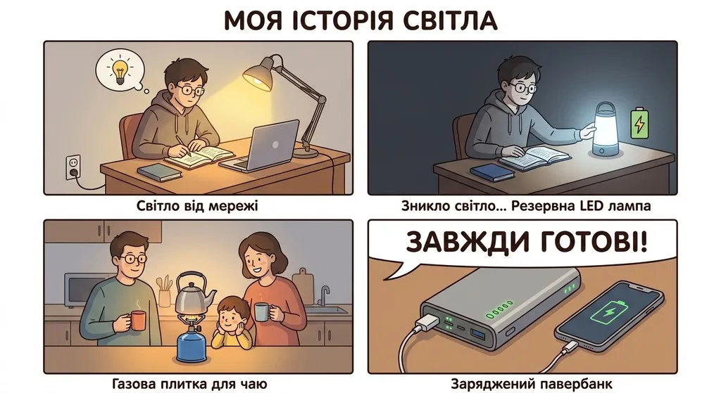 Комікс із чотирьох панелей під назвою «Моя історія світла»: студент навчається з настільною лампою, вмикає акумуляторну LED-лампу під час відключення світла, сім&#x27;я готує чай на портативній газовій плиті, та павербанк заряджає телефон з написом «Завжди готові!».