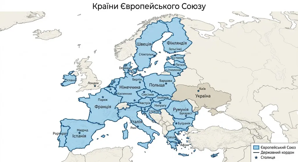 Навчальна контурна карта Європи з позначенням 27 країн-членів ЄС, їхніх назв та столиць українською мовою.