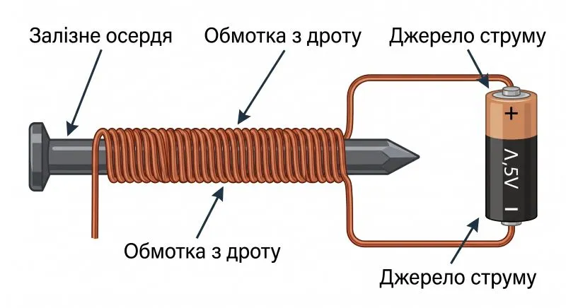 саморобний електромагніт й назви його складників