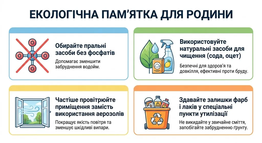 Інфографіка «Екологічна пам'ятка для родини» з чотирма порадами: використання безфосфатних пральних засобів, натуральних засобів для чищення, провітрювання приміщень та правильна утилізація залишків фарби.