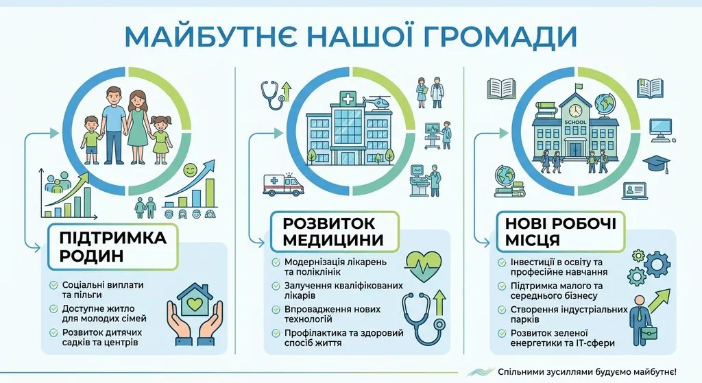 Освітній інформаційний плакат «Майбутнє нашої громади» з інфографікою про демографію та іконками сім’ї, лікарні й школи. Дизайн у синьо-зелених кольорах містить заклики: розвиток медицини, підтримка родин та нові робочі місця.