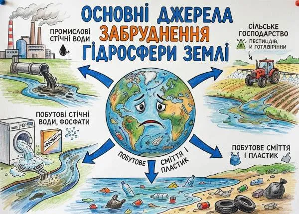 плакат «Основні джерела забруднення гідросфери Землі