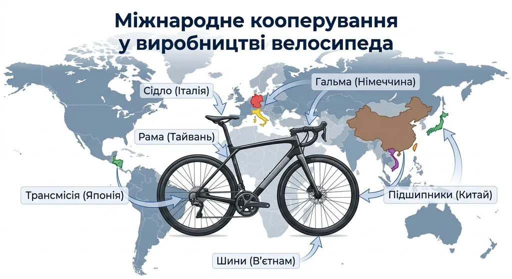 Освітня інфографіка «Міжнародне кооперування у виробництві велосипеда», що показує на карті світу походження деталей: рама з Тайваню, трансмісія з Японії, шини з В'єтнаму, гальма з Німеччини, сідло з Італії та підшипники з Китаю.