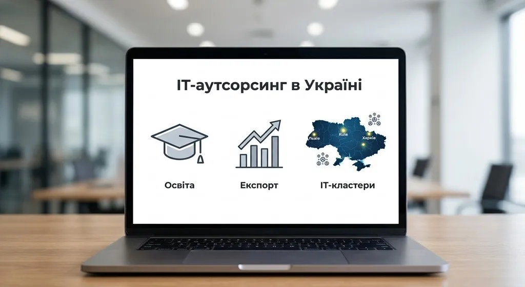 Слайд презентації на екрані ноутбука з заголовком «IT-аутсорсинг в Україні», іконками освіти та експорту, а також картою IT-кластерів у Києві, Львові та Харкові.