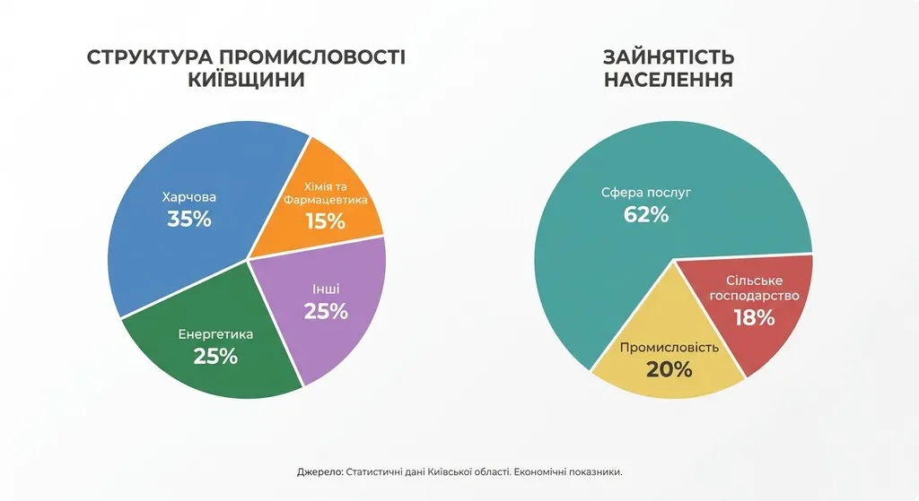 Дві кругові діаграми економіки Київської області. Перша «Структура промисловості»: харчова (35%), енергетика (25%), хімія та фармацевтика (15%) та інші (25%). Друга «Зайнятість населення»: сфера послуг (62%), промисловість (20%) та сільське господарство (18%).