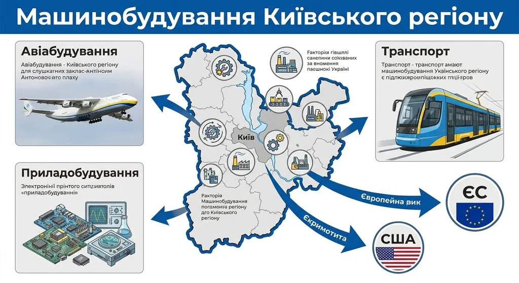 Освітній плакат на тему «Машинобудування Київського регіону» з картою Києва, літаком Антонов, електронними схемами, сучасним трамваєм та стрілками експорту до ЄС і США.