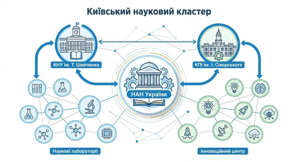 Професійна карта-інфографіка київського наукового кластера, що відображає зв&#x27;язки між НАН України, КНУ ім. Т. Шевченка, КПІ ім. І. Сікорського, науковими лабораторіями та інноваційними центрами.