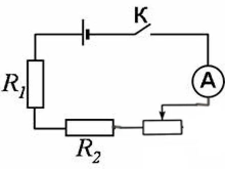 Схема складається з гальванічного елемента, ключа, амперметра, двох резисторів та реостата, з'єднаних один за одним у замкнене коло.
