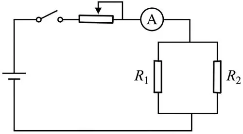 схема електричного кола, що складається з двох паралельно з’єднаних між собою досліджуваних провідників, які приєднані до джерела постійного струму, амперметра, реостата та ключа.