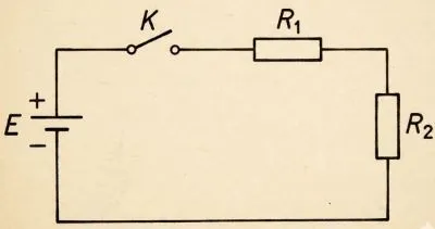 Накресліть схему електричного кола, яке складається із джерела струму, двох резисторів і ключа, з’єднаних послідовно