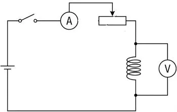 Джерело струму, амперметр, спіраль, реостат і ключ з'єднані послідовно. Вольтметр підключено паралельно до спіралі