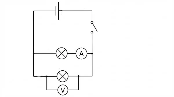 Накресли схему електричного кола, що складається з джерела струму, двох електричних ламп, з’єднаних паралельно, вольтметра і ключа.