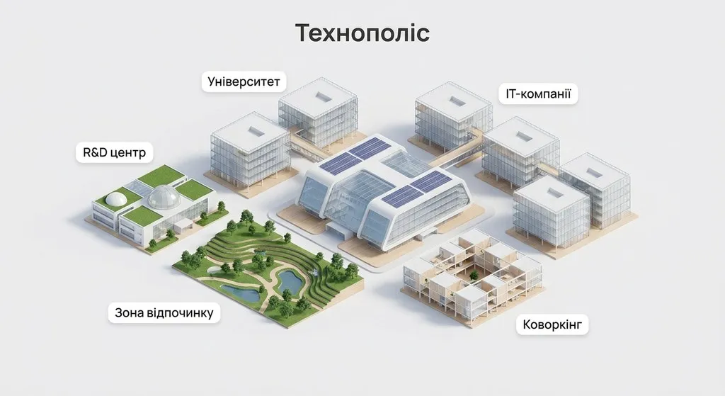 3D-ізометрична архітектурна модель сучасного технополісу з університетом, офісами ІТ-компаній, R&D центром, коворкінгом та зоною відпочинку, підписана українською мовою.