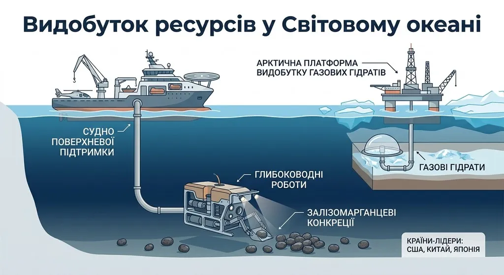 Детальна наукова інфографіка про видобуток ресурсів у Світовому океані, що зображує судно на поверхні, глибоководного робота для збору залізомарганцевих конкрецій та платформу для видобутку газових гідратів.