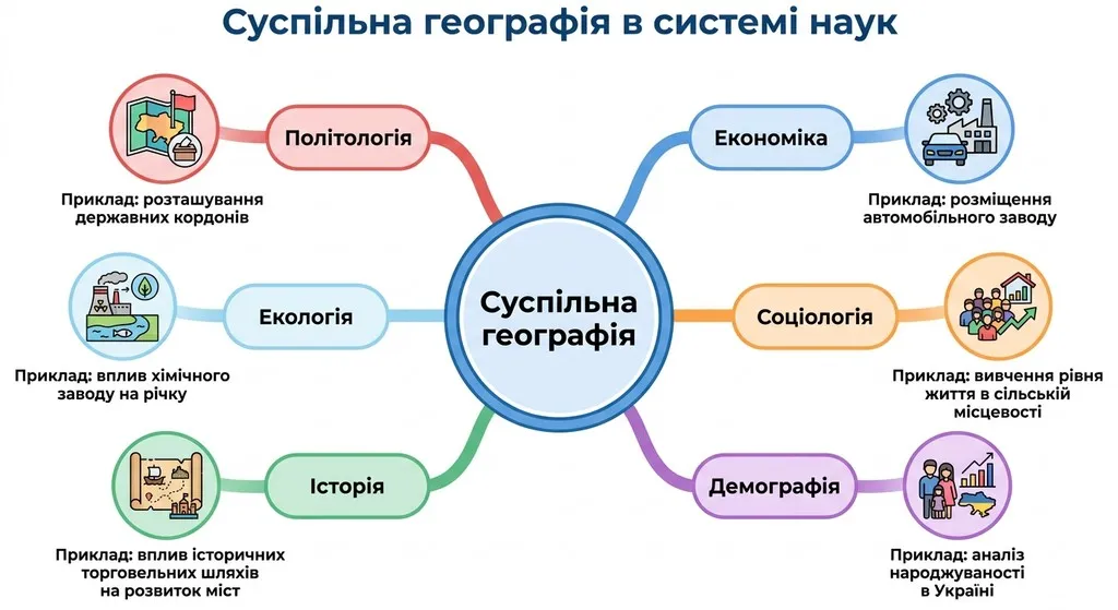 Кольорова ментальна карта «Суспільна географія в системі наук», що демонструє зв'язки з економікою, соціологією, демографією, історією, екологією та політологією з конкретними прикладами.
