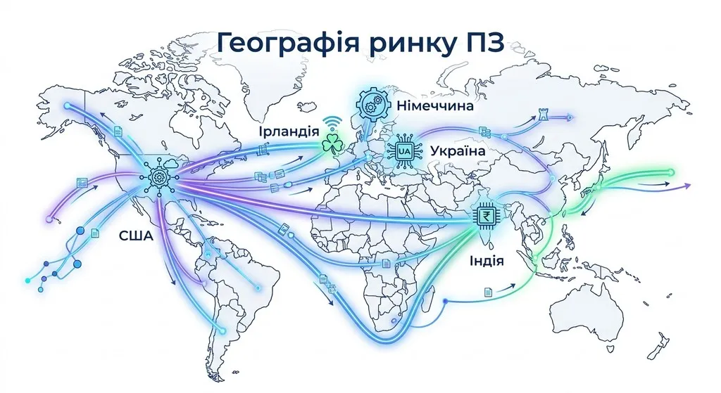 Концептуальна карта світу, що відображає географію ринку ПЗ, з виділеними хабами в США, Індії, Ірландії, Україні та Німеччині, з’єднаними сяючими лініями.