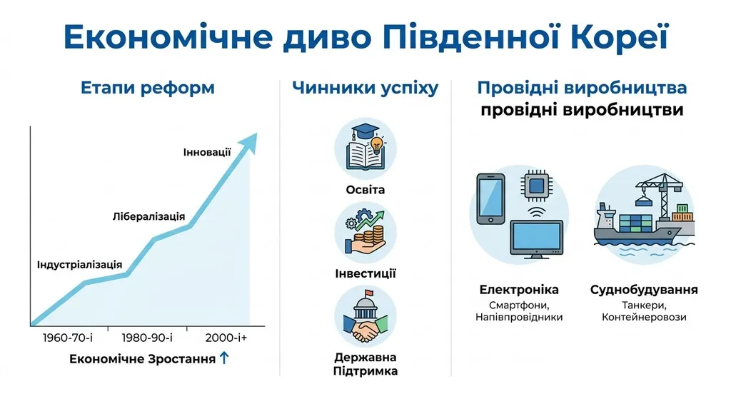 Освітній плакат під назвою «Економічне диво Південної Кореї», що містить розділи про етапи реформ із висхідним графіком, чинники успіху (освіта, інвестиції, держпідтримка) та провідні галузі виробництва, зокрема електроніку та суднобудування.