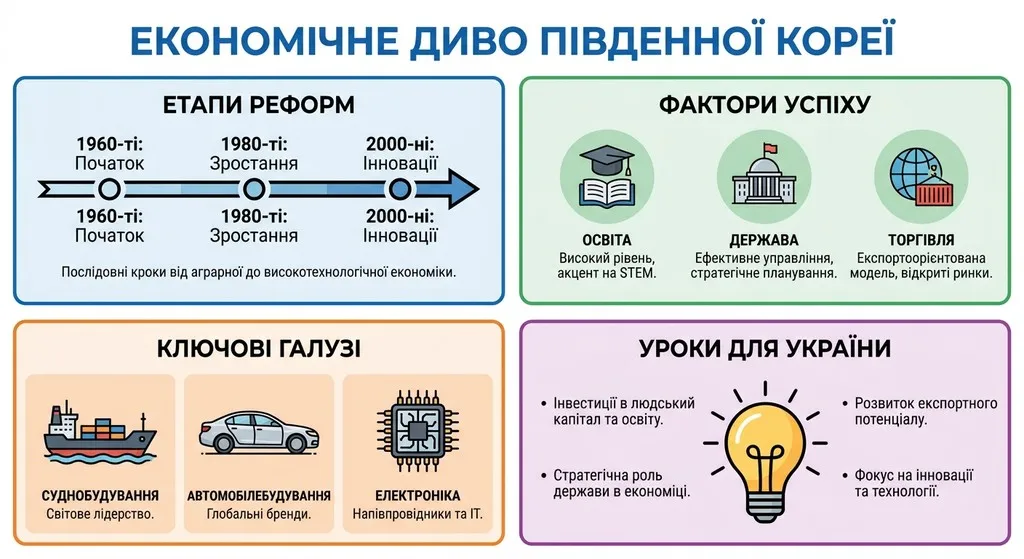 Освітній плакат «Економічне диво Південної Кореї», розділений на чотири блоки: етапи реформ, фактори успіху (освіта, держава, торгівля), ключові галузі (кораблі, авто, мікросхеми) та уроки для України.