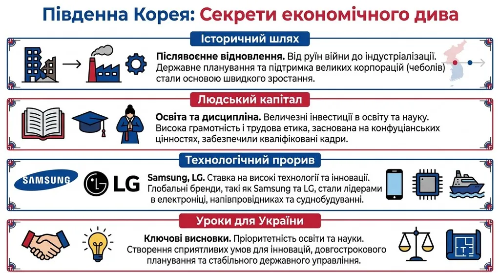 Освітній плакат «Південна Корея: Секрети економічного дива» у кольорах корейського прапора з чотирма розділами: історичний шлях, людський капітал, технологічний прорив та уроки для України.