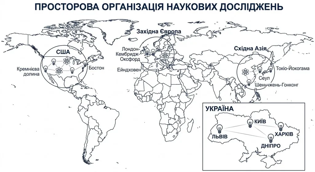 Освітня карта-схема «Просторова організація наукових досліджень», що демонструє світові наукові кластери та детальну карту наукових центрів України: Київ, Харків, Львів та Дніпро.