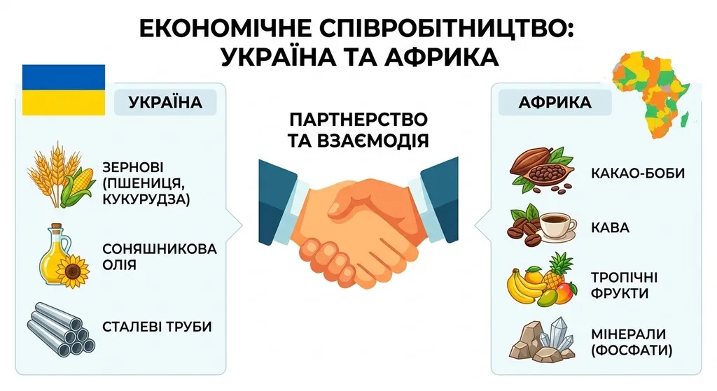 Освітня інфографіка «Економічне співробітництво: Україна та Африка». У центрі зображено рукостискання, ліворуч — українські товари (зерно, олія, труби), праворуч — африканські товари (кава, какао, фрукти, мінерали).