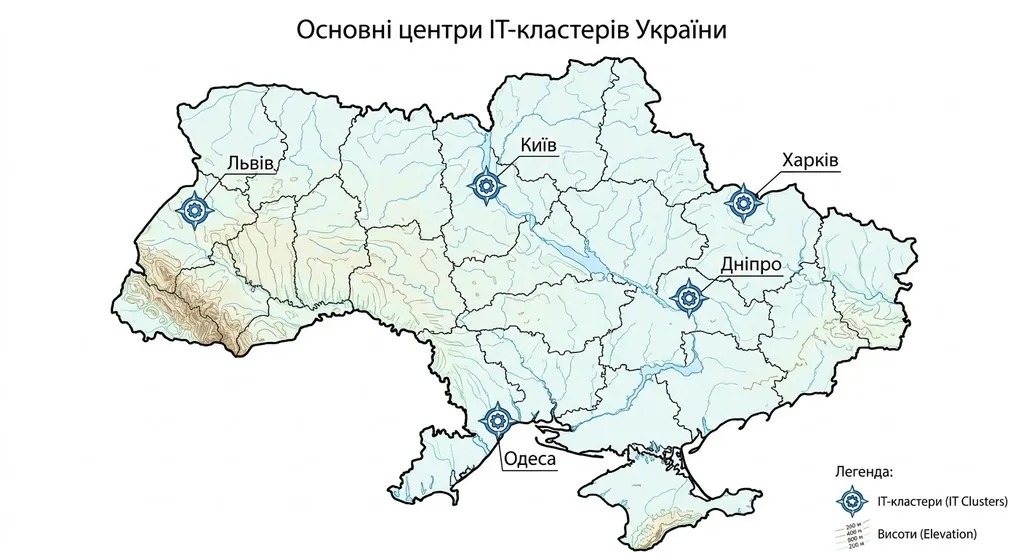 Детальна контурна карта України з позначенням основних центрів ІТ-кластерів у таких містах: Київ, Львів, Харків, Дніпро та Одеса. Карта містить заголовок «Основні центри ІТ-кластерів України» та підписи до міст українською мовою.