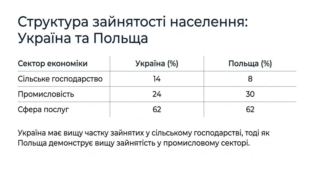 Презентаційний слайд «Структура зайнятості населення: Україна та Польща» з порівняльною таблицею. Дані показують частку зайнятих у сільському господарстві (14% проти 8%), промисловості (24% проти 30%) та сфері послуг (62% в обох країнах). Внизу розміщено текст про вищу частку аграрного сектору в Україні та промислового в Польщі.