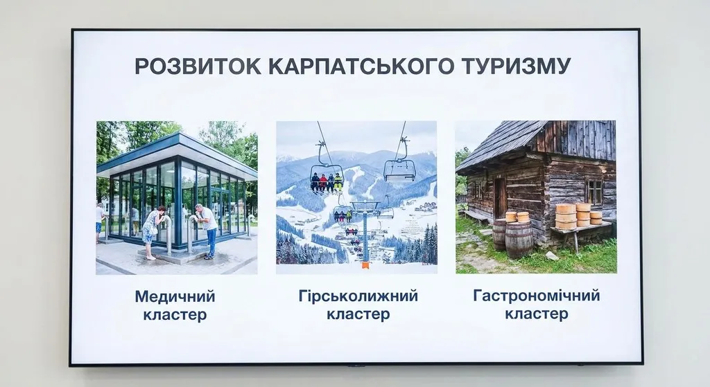 Презентаційний слайд про три туристичні кластери Карпат: сучасний бювет у Трускавці (Медичний кластер), засніжені схили та підйомники Буковеля (Гірськолижний кластер) та традиційна дерев'яна сироварня на Закарпатті (Гастрономічний кластер).