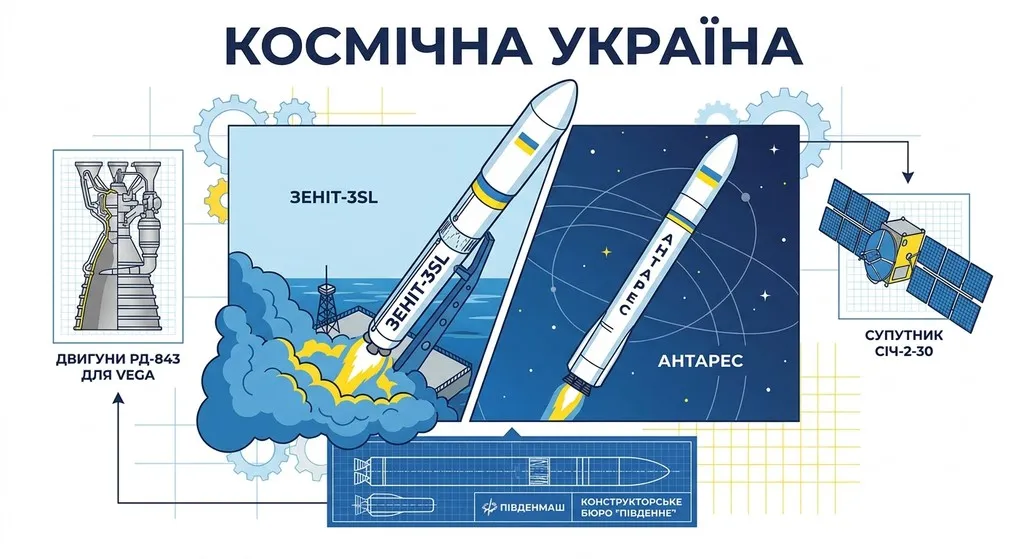 Освітній плакат «Космічна Україна», що демонструє запуск ракети «Зеніт-3SL» з морської платформи, ракету «Антарес», супутник «Січ-2-30» та схеми двигунів на фоні технічних креслень у синьо-жовтих кольорах.