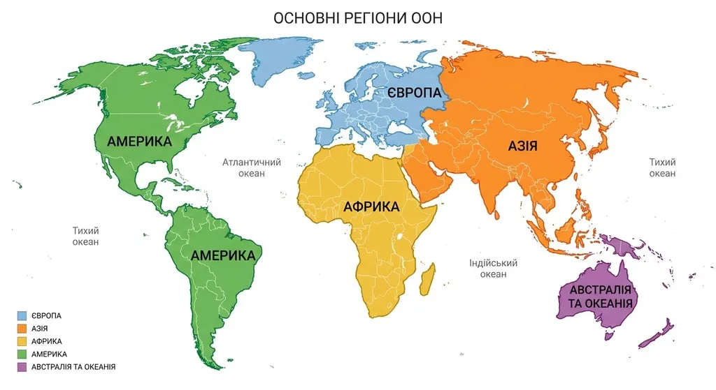 Наочна освітня карта світу, що відображає п&#x27;ять регіонів ООН: Європа, Азія, Африка, Америка, Австралія та Океанія, з кольоровим кодуванням та підписами українською мовою.